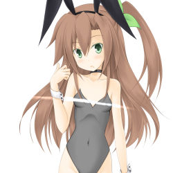 animal_ears bare_shoulders bodysuit breasts brown_hair choker coconut_milk_(artist) cuffs frown green_eyes highres if_(neptunia) leotard long_hair neptune_(series) nervous playboy_bunny ponytail rabbit_ears ribbon sidetail small_breasts swimsuit thighs unsure very_long_hair
