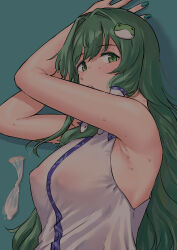 1girl absurdres armpits breasts commentary_request condom covered_erect_nipples frog_hair_ornament green_background green_eyes green_hair green_nails hair_intakes hair_ornament hair_tubes highres kochiya_sanae large_breasts looking_at_viewer looking_to_the_side nontraditional_miko partial_commentary pondo_(peng-model) see-through_clothes simple_background single_hair_tube snake_hair_ornament solo sweat touhou translucent used_condom very_sweaty