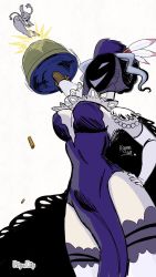 2girls amputee animated arm_cannon black_dahlia bouncing_breasts breasts shell_casing cape cyborg dress elbow_gloves firing frilled_thigh_strap fur_hat gloves grenade_launcher gun gun_arm hand_on_own_hip hat highres large_breasts looking_up lowres machine_gun mask multiple_girls pillbox_hat prosthesis prosthetic_arm skullgirls smile soylakagura squigly_(skullgirls) thigh_strap veil video weapon white_hair wrist_gun