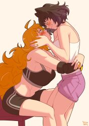 Rule 34 | 2girls, abs, animal ears, antenna hair, artist name, black hair, black shorts, black sports bra, blake belladonna, blonde hair, blue eyes, breasts, cat ears, chair, cleavage, gym shorts, head grab, highres, hug, large breasts, long hair, looking at another, mechanical arms, multiple girls, muscular, muscular female, rwby, shirt, short hair, shorts, simple background, single mechanical arm, sitting, smile, sports bra, striped clothes, striped shorts, vertical-striped clothes, vertical-striped shorts, white background, white shirt, yang xiao long, yellow nicky, yuri