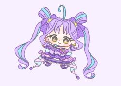 Rule 34 | 1girl, absurdly long hair, ahoge, asymmetrical shirt, back bow, blue bow, blue hair, bow, bow legwear, bow skirt, bracelet, bridal gauntlets, chibi, choker, closed mouth, commentary, cure kyunkyun, dot nose, double bun, earrings, eyelashes, frilled shirt, frills, hair bobbles, hair bow, hair bun, hair ornament, happy, headset, ichigo usuhana, jewelry, kimi to idol precure, kneehighs, lace, lace-trimmed skirt, lace trim, light blush, long hair, looking at viewer, magical girl, miniskirt, multicolored hair, multiple earrings, outstretched arms, plaid bow, plaid clothes, plaid skirt, plaid sleeves, pleated sleeves, precure, purple background, purple bow, purple bridal gauntlets, purple choker, purple hair, purple shirt, purple shoes, purple skirt, purple socks, purple theme, shigure kokoro, shirt, shoes, short sleeves, simple background, single bare shoulder, single sleeve, skirt, skirt set, smile, socks, solo, sphere earrings, streaked hair, tareme, twintails, two-sided bow, two-tone hair, very long hair, wavy hair, yellow eyes