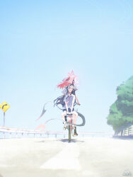 2girls :3 absurdres alternate_costume bicycle black_hair blue_archive demon_girl demon_horns demon_tail fang halo highres horns kasumi_(blue_archive) megu_(blue_archive) multiple_girls necktie norio_(norio386) open_mouth outdoors red_hair red_halo red_necktie riding riding_bicycle shirt tail white_halo white_shirt wide_shot yellow_eyes