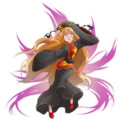 1girl alphes_(style) beads black_dress black_hat blush chinese_clothes commentary_request constricted_pupils crescent dairi dress energy fox_tail full_body hair_between_eyes hat highres junko_(touhou) large_variant_set long_hair long_sleeves orange_hair parody red_shoes ribbon sash shoes sleeves_past_wrists solo style_parody tabard tachi-e tail tassel touhou transparent_background turtleneck variant_set very_long_hair wide_sleeves yellow_ribbon