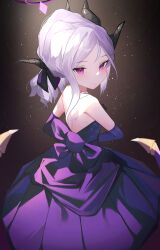 1girl absurdres ayu_(user_xkhp7843) back back_bow bare_shoulders black_horns blue_archive blush bow closed_mouth commentary_request demon_girl demon_horns demon_wings diamond-shaped_pupils diamond_(shape) dress elbow_gloves eyelashes feet_out_of_frame forehead from_behind gloves grey_hair hair_bow halo highres hina_(blue_archive) hina_(dress)_(blue_archive) horns jewelry long_dress looking_at_another looking_at_viewer multiple_horns necklace official_alternate_costume official_alternate_hairstyle parted_bangs pearl_necklace purple_bow purple_dress purple_eyes purple_halo sidelocks solo standing strapless strapless_dress symbol-shaped_pupils tsurime wings