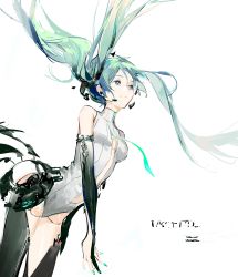 1girl absurdly_long_hair absurdres aqua_hair barefoot black_panties black_thighhighs breasts bubble cleavage closed_mouth detached_sleeves female_focus floating_hair green_eyes green_hair hair_between_eyes hair_ornament hatsune_miku hatsune_miku_(append) headphones highres long_hair medium_breasts midriff nail_polish navel panties solo thighhighs twintails underwater underwear very_long_hair vocaloid vocaloid_append yyb