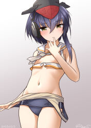Rule 34 | 1girl, asymmetrical hair, black hair, black one-piece swimsuit, blush, brown eyes, clothes pull, dated, gradient background, grey background, grey neckerchief, hair between eyes, hat, headphones, i-13 (kancolle), kantai collection, looking at viewer, neckerchief, one-hour drawing challenge, one-piece swimsuit, one-piece swimsuit pull, ray.s, sailor collar, school swimsuit, short hair, smile, solo, swimsuit, twitter username, white sailor collar