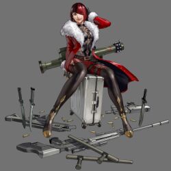 Rule 34 | 1girl, absurdres, anna williams, black hair, blue eyes, boots, brown boots, coat, earrings, fur-trimmed coat, fur trim, grey background, gun, hair over one eye, hand on own head, highres, jewelry, junny, knife, looking ahead, multicolored hair, non-web source, official art, one eye covered, pants, red coat, red hair, red pants, short hair, simple background, sitting, smile, solo, suitcase, tekken, tekken 8, thigh boots, two-tone hair, weapon