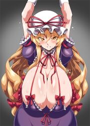 1girl arms_up b-kyuu_ocha black_background blonde_hair bow bra breasts cleavage commentary_request commission dress hair_bow hat highres huge_breasts long_hair looking_at_viewer low-tied_long_hair mob_cap parted_lips purple_bra purple_dress red_bow sidelocks skeb_commission smile solo touhou underwear white_hat yakumo_yukari yellow_eyes