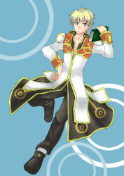 1boy black_coat black_pants black_shoes blonde_hair blue_background book closed_mouth coat commentary_request expressionless full_body gold_trim green_eyes hand_on_own_hip high_priest_(ragnarok_online) holding holding_book kazu_ayase long_sleeves looking_at_viewer male_focus multicolored_coat pants ragnarok_online red_coat shoes solo two-tone_coat white_coat