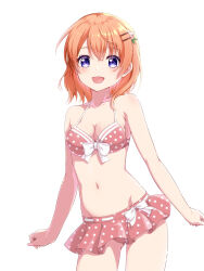 1girl :d bare_arms bikini bikini_skirt bow breasts brown_hair cleavage collarbone contrapposto cowboy_shot flower front-tie_bikini_top front-tie_top gochuumon_wa_usagi_desu_ka? groin hair_flower hair_ornament hairclip highres hoto_cocoa kec_(kc0611) long_hair looking_at_viewer medium_breasts navel open_mouth pink_bikini pink_flower polka_dot polka_dot_bikini purple_eyes simple_background smile solo swimsuit very_long_hair white_background white_bow white_polka_dots