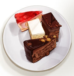 Rule 34 | absurdres, cake, cake slice, chocolate cake, chocolate icing, dessert, food, food focus, highres, icing, kaneko ryou, no humans, original, plate, shadow, still life