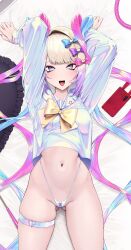 1girl arms_up bare_hips bed_sheet belt blonde_hair blue_belt blue_bow blue_hair blue_panties blue_sailor_collar blue_shirt blush bow bow_panties bowtie breasts buckle cellphone chouzetsusaikawa_tenshi-chan commentary eyeshadow fangs fingernails garter_straps gluteal_fold gradient_belt gradient_clothes gradient_hair gradient_sailor_collar gradient_shirt hair_bow heart heart-shaped_buckle highleg highleg_panties highres long_hair long_sleeves looking_at_viewer lying makeup multicolored_hair nail_polish navel needy_girl_overdose no_pants on_back open_mouth panties phone pink_belt pink_bow pink_eyeshadow pink_hair pink_nails purple_bow quad_tails sailor_collar sailor_shirt school_uniform serafuku shirt skindentation sleeves_past_wrists smartphone smile solo stomach sweat teeth thigh_belt thigh_gap thigh_strap thighs thong tongue underwear upper_teeth_only waytok wide_hips yellow_bow yellow_bowtie yume_kawaii