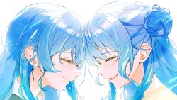 2girls aya02ka blue_hair closed_mouth collared_shirt commentary_request crying dual_persona earrings hair_bun heads_together highres hololive hoshimachi_suisei jewelry kireigoto_(hoshimachi_suisei) long_hair multiple_girls official_alternate_hairstyle open_mouth shirt side_up_bun sidelocks simple_background virtual_youtuber white_background white_shirt