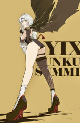 Rule 34 | 1girl, absurdres, ahoge, ass, asymmetrical gloves, backboob, backless outfit, bare shoulders, black unitard, breasts, character name, commentary, elbow gloves, fingerless gloves, from behind, full body, gloves, high-waist shorts, highres, kuji-in, large breasts, leaning forward, rimeye, shorts, single elbow glove, single hair intake, single thighhigh, solo, standing, thighhighs, uneven gloves, white hair, wings, yellow background, yellow eyes, yin yang pin, yixuan (zenless zone zero), zenless zone zero