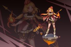 1girl absurdres bad_id bad_pixiv_id black_bow blonde_hair boots bow breasts cleavage female_focus fire hair_bow high_heel_boots high_heels highres holding holding_weapon knight long_hair looking_at_viewer medium_breasts mxr open_mouth original red_eyes solo twintails weapon white_boots