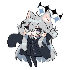1girl :d ahoge animal_ear_fluff animal_ears black_cardigan black_crown black_dress black_halo black_pantyhose black_ribbon blush_stickers bow bowtie braid buttons cable_knit cardigan cat_ears cat_girl chibi chibi_only commentary_request commission crown double-parted_bangs dress floating_crown full_body green_eyes grey_bow grey_bowtie grey_eyes grey_hair hair_between_eyes hair_ribbon hair_rings half_up_braid halo long_hair long_sleeves multicolored_eyes napenasupe noneknown_(vrchat) off-shoulder_cardigan off_shoulder open_mouth pantyhose partially_unbuttoned pleated_dress ribbon second-party_source shinano_(vrchat) simple_background single_hair_ring skeb_commission sleeveless sleeveless_dress sleeves_past_fingers sleeves_past_wrists smile solo very_long_hair vrchat white_background