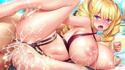 1boy 1girl ahegao blonde_hair blush breasts censored cum cum_in_pussy derauea drill_hair game_cg heart heart-shaped_pupils hetero huge_breasts impregnation lactation long_hair lying milk milk_factory mosaic_censoring motto!_haramase!_honoo_no_oppai_chou_ero_appli_gakuen! navel nipples open_mouth outdoors penis pool purple_eyes pussy saliva sex sonomiya_yukari swimsuit symbol-shaped_pupils tongue tongue_out twintails