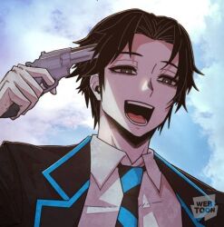 1boy aiming black_jacket black_necktie blue_necktie blue_sky brown_eyes brown_hair cloud cloudy_sky day gun hand_up highres jacket lee_seongjun medium_hair necktie open_clothes open_jacket open_mouth school_uniform shirt sky smile solo the_warrior_returns two-tone_necktie weapon webtoon white_shirt
