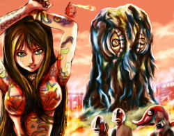 1girl 3boys alien atomic_breath bodypaint bodystocking breasts breath_weapon city dinosaur energy eyeshadow fire flying fujinomiya_miki giant giant_monster glowing glowing_eyes godzilla godzilla_(series) godzilla_vs._hedorah hedorah hippie kaiju long_hair makeup mask medium_breasts monster mouth_beam multiple_boys nude red_eyes slime_(creature) toho zakurero