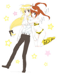 Rule 34 | 2girls, bikini, blonde hair, blue eyes, blush, boots, brown hair, cosplay, fate testarossa, floating, hair ornament, hug, hug from behind, lum (cosplay), lyrical nanoha, mahou shoujo lyrical nanoha, mahou shoujo lyrical nanoha a&#039;s, moroboshi ataru (cosplay), multiple girls, one eye closed, pants, red eyes, shirt, swimsuit, takamachi nanoha, tokoharu, twintails, urusei yatsura, yuri