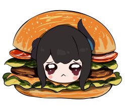 Rule 34 | 1girl, :&lt;, asymmetrical horns, black hair, black horns, bread, burger, cheese, chibi, chibi only, commentary, crying, crying with eyes open, english commentary, food, highres, hololive, hololive english, horns, in food, lettuce, looking at viewer, meat, nerissa ravencroft, panpanmc4, simple background, solo, tears, tomato, tomato slice, virtual youtuber, white background
