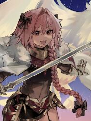 Rule 34 | 1boy, astolfo (fate), bird, black bow, black garter straps, black thighhighs, bow, braid, braided ponytail, cloak, close-up, crossdressing, crossdressing (mtf), eagle, fate/apocrypha, fate/grand order, fate (series), garter straps, gauntlets, gorget, hair bow, hair intakes, highres, hippogriff (fate), holding, holding sword, holding weapon, horn (instrument), leg up, long braid, long hair, male focus, multicolored hair, multiple hair bows, open mouth, pink eyes, pink hair, red cloak, shinohararei0, single braid, single hair streak, smile, solo, streaked hair, sword, thighhighs, torn cloak, torn clothes, trap, two-sided cloak, two-sided fabric, weapon, white bird, white cloak, white hair, wind