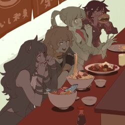 4girls 55bata6rou bare_shoulders black_hair blake_belladonna blonde_hair bowl burger chopsticks constricted_pupils cup curry curry_rice drinking_glass eating fish food food_stand grey_hair hand_up hands_up highres holding holding_burger holding_chopsticks holding_food holding_spoon long_hair long_sleeves looking_at_another multiple_girls noodles open_mouth plate ponytail ramen red_hair rice ruby_rose rwby short_hair sitting smile soy_sauce spoon surprised sweat table upper_body weiss_schnee wide-eyed yang_xiao_long yatai