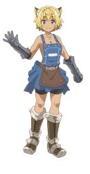 1girl abe_tomoyuki animal_ear_fluff animal_ears anime_coloring apron arm_up armor armpits bare_shoulders blonde_hair blue_overalls bob_cut breasts brown_apron cat_ears cat_girl cleavage clenched_hand closed_mouth collarbone full_body gauntlets greaves looking_at_viewer naked_overalls official_art open_hand overalls pantyhose s-rank_monster_no_&quot;behemoth&quot;_dakedo_neko_to_machigawarete_elf_musume_no_pet_toshite_kurashitemasu short_hair sideboob simple_background smile solo spread_fingers standing tareme thick_eyebrows transparent_background vulcan_(beheneko) waist_apron waving