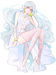 Rule 34 | 1girl, 2016, artist name, bishoujo senshi sailor moon, bishoujo senshi sailor moon stars, cross-laced footwear, dated, earrings, female focus, full body, head tilt, high heels, jewelry, light purple hair, long hair, pink thighhighs, sailor aluminum seiren, shoes, signature, sitting, sleeveless, solo, thighhighs, very long hair, white background, white hair, white shoes, yukinami (paru26i)