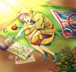 animal_hood berry_(pokemon) blanket blue_socks child&#039;s_drawing crayon creatures_(company) day game_freak gen_1_pokemon gen_7_pokemon highres hood houzuki_ringo hug indoors jigglypuff lying mimikyu nintendo on_side open_mouth paper poke_ball pokemon pokemon_(creature) sandshrew sleeping socks