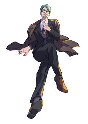1boy 444_fofofo absurdres arm_up bespectacled black-framed_eyewear black_jacket black_pants black_vest blue_eyes blue_hair challia_bull collared_shirt commentary_request crossed_legs curtained_hair facial_hair formal_clothes full_body glasses goatee grey_socks gundam gundam_gquuuuuux highres jacket jacket_on_shoulders layered_sleeves loafers long_sleeves looking_ahead male_focus mustache necktie open_clothes open_jacket pants shirt shoes simple_background socks solo suit_jacket thick_eyebrows vest white_background white_shirt wing_collar
