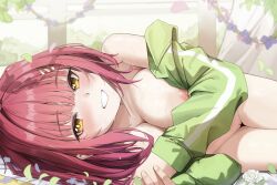 Rule 34 | 1girl, about fg, absurdres, bare shoulders, blush, breasts, collarbone, commentary request, falling petals, flower, futamihara ririko, green jacket, grin, hairclip, highres, jacket, large breasts, limelight lemonade jam, long sleeves, looking at viewer, lying, naked jacket, nipples, on side, parallel hairclips, petals, pussy, red hair, rose, short hair, smile, solo, thighs, wet, white flower, white rose, yellow eyes, yellow pupils