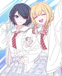 2girls :d bad_id bad_twitter_id blonde_hair blue_eyes braid cardigan closed_eyes closed_mouth collared_shirt colorful_festival_(project_sekai) commentary_request cosplay cowboy_shot diagonal-striped_clothes diagonal-striped_necktie gradient_hair hoshino_ichika_(project_sekai) hoshino_ichika_(project_sekai)_(cosplay) kashima_momoki kitto_saikou_no_summer!_(project_sekai) locked_arms looking_at_another multicolored_hair multiple_girls necktie official_alternate_costume official_alternate_hair_length official_alternate_hairstyle open_cardigan open_clothes open_mouth outline pink_hair plaid_clothes plaid_skirt project_sekai red_necktie shirt shirt_tucked_in sidelocks skirt sleeves_past_wrists smile striped_clothes swept_bangs tenma_saki twin_braids white_cardigan white_outline white_shirt white_stripes