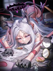 1girl absurdres ahoge animal_ears ass black_gloves blue_archive demon_girl demon_horns demon_wings doodle_sensei_(blue_archive) gloves highres hina_(blue_archive) horns lipstick long_hair looking_at_viewer makeup mrsc on_bed pillow purple_eyes sensei_(blue_archive) stuffed_toy tail white_hair wings yandere