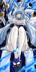 1girl absurdres animal_ear_fluff animal_ears azur_lane black_sandals black_sleeves blue_butterfly blue_fire blue_flower blue_hair blue_kimono blunt_bangs breasts bug butterfly butterfly_hair_ornament cloud cloudy_sky collar collarbone crossed_ankles detached_collar detached_sleeves dress embers expressionless fire floral_print flower footwear_flower fox_ears fox_girl fox_tail full_body gun hair_ornament hand_on_own_chest highres huge_breasts huge_weapon insect japanese_clothes kimono kimono_dress kitsune knees_up light_blush long_dress long_hair long_sleeves looking_at_viewer low_neckline moon_phases multiple_tails okobo outdoors parted_lips platform_sandals purple_collar purple_eyes sandals shinano_(azur_lane) sitting sky solo straight-on strapless strapless_dress taiju_(gr09kuma) tail thighhighs toenails toes tsurime very_long_hair weapon white_thighhighs wide_sleeves