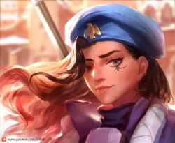 1girl aged_down ana_(overwatch) backlighting beret black_hair blue_jacket brown_eyes building captain_amari commentary_request daible dark-skinned_female dark_skin day english_text facial_mark facial_tattoo gloves gun hat highres jacket lips long_hair looking_at_viewer military military_uniform nose official_alternate_costume outdoors overwatch overwatch_1 patreon_username portrait rifle signature solo sunlight tattoo weapon wind