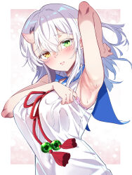 1girl absurdres arm_up armpits blush bra bra_peek breasts closed_mouth eyebrows_hidden_by_hair green_eyes hair_between_eyes heterochromia highres horns large_breasts lips looking_at_viewer medium_hair oni original pink_bra presenting_armpit pulling_own_clothes school_uniform serafuku shiiba_hiromi shirt single_horn skin-covered_horns solo sweat underwear white_hair white_shirt yellow_eyes