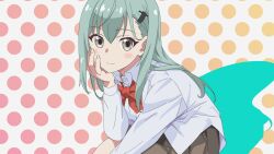 1girl alternate_costume aqua_hair bow bowtie collared_shirt dress_shirt grey_eyes grey_skirt hair_ornament hairclip highres kantai_collection long_hair parody pleated_skirt polka_dot polka_dot_background red_bow red_bowtie shirt sitting skirt solo squatting style_parody sugapi suzuya_(kancolle) white_shirt