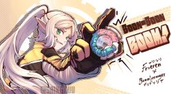 1girl bakuage_sentai_boonboomger black_gloves boonboom_changer copyright_name elf frieren from_behind gloves green_eyes grey_hair henshin_pose highres holding jacket long_hair pointy_ears saikekuu smirk solo sound_effects sousou_no_frieren super_sentai twintails twitter_username upper_body white_jacket yellow_gloves yellow_jacket