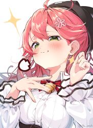 1girl :3 absurdres ahoge bell black_hat blush breasts closed_mouth commentary green_eyes hair_ornament hairclip hat highres hololive jingle_bell long_hair long_sleeves makigaihe neck_bell neck_ribbon pink_hair puff_of_air red_ribbon ribbon sakura_miko sakura_miko_(casual) shirt smile solo twitter_username virtual_youtuber white_background white_shirt