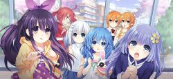 6+girls :d :o ^^^ aged_down blue_eyes blue_hair bow bowtie braid building buttons cherry_blossoms collarbone date_a_live date_a_live:_spirit_pledge drawstring dress drill_hair drill_sidelocks eyepatch frills game_cg green_ribbon hair_between_eyes hair_ornament hairclip half_updo hands_up himekawa_yoshino holding hood hood_down hooded_jacket indoors itsuka_kotori izayoi_miku jacket lens_flare long_hair long_sleeves looking_at_viewer multiple_girls official_art open_mouth orange_hair own_hands_clasped own_hands_together plaid_bow polka_dot purple_hair red_hair ribbon short_hair short_sleeves siblings sidelocks sisters sleeveless smile third-party_source tobiichi_origami tree turtleneck twins twintails v-shaped_eyebrows white_hair white_ribbon window yamai_kaguya yamai_yuzuru yatogami_tohka yellow_jacket yoshinon