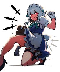 1girl apron bare_legs black_shoes blue_dress blue_ribbon bow braid breasts dress feet_out_of_frame frilled_dress frills gloves grey_hair high_heels highres holster iganashi1 izayoi_sakuya kneeling knife maid maid_headdress medium_breasts neck_ribbon one-hour_drawing_challenge red_eyes ribbon shoes simple_background smile solo thigh_holster touhou twin_braids waist_apron waist_bow white_apron white_background white_bow white_gloves