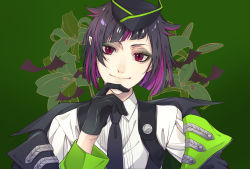 1boy androgynous bat_(animal) bat_background black_gloves black_hair black_hat black_jacket blunt_bangs closed_mouth eyeshadow floral_background gloves green_background green_jacket hand_up hat highres jacket katena_souka lilia_vanrouge looking_at_viewer makeup male_focus multicolored_hair multicolored_jacket necktie off_shoulder purple_eyes purple_hair shirt short_hair smile solo thinking twisted_wonderland two-tone_hair two-tone_jacket upper_body white_shirt