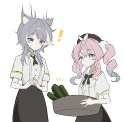 ! 2girls alternate_costume aqua_eyes aqua_hair blue_eyes braid brown_skirt cats_are_scared_of_cucumbers_(meme) cipher_(honkai:_star_rail) cucumber grey_hair hashtag-only_commentary highres honkai:_star_rail honkai_(series) hyacine_(honkai:_star_rail) medium_hair meme multicolored_hair multiple_girls pink_hair scared shirt short_hair_with_long_locks simple_background skirt twin_braids twintails two-tone_hair white_background white_shirt xs_1_iio