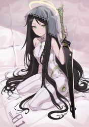 1girl absurdres bad_id bad_pixiv_id bodysuit eyeshadow green_eyes halo high_heels highres holding holding_sword holding_weapon jin_rou kneeling long_hair looking_at_viewer makeup original red_eyeshadow solo sword veil very_long_hair weapon white_bodysuit