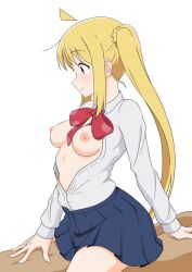 1boy 1girl ahoge blonde_hair blue_skirt bocchi_the_rock! bow bowtie breasts clothed_female_nude_male clothed_sex cowgirl_position hetero ijichi_nijika implied_sex large_breasts long_hair long_sleeves nipples nude open_clothes open_shirt pink_bow pink_bowtie red_eyes shirt side_ponytail simple_background skirt smile solo_focus straddling straight_hair usazirou539 white_background white_shirt