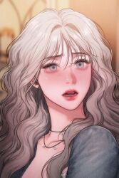 1girl artist_request blue_eyes blue_shirt blush flower grey_hair korean_webtoon_style lily_(lily_of_the_valley) lily_of_the_valley long_hair looking_at_viewer open_mouth shirt source_request upper_body