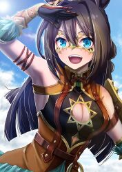 1girl animal_ears arm_up armpits bare_shoulders black_hair blue_eyes blue_sky breasts cleavage cleavage_cutout clothing_cutout day domino_mask double-parted_bangs el_condor_pasa_(kukulkan_monk)_(umamusume) el_condor_pasa_(umamusume) eye_mask gloves gold_mask hair_between_eyes hair_intakes horse_ears long_hair looking_at_viewer mask masked medium_breasts official_alternate_costume open_mouth otono_(bkt4b) outdoors sky smile solo sunlight umamusume upper_body very_long_hair