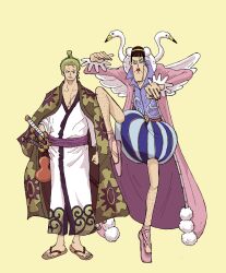 Rule 34 | 2boys, bird, black hair, blunt bangs, bon clay, chonmage, clenched hand, commentary request, fake wings, full body, green hair, highres, japanese clothes, kimono, leg hair, long coat, long sleeves, makeup, male focus, multiple boys, one eye closed, one piece, purple sash, purple shirt, red lips, roronoa zoro, ryujidj, sandals, sash, scar, scar across eye, scar on face, shirt, short hair, stitched face, stitches, swan, sword, topknot, v-shaped eyebrows, weapon, wings