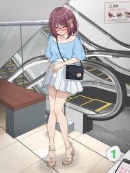 1girl arm_at_side artist_name bag bench blue_shirt blush cellphone clothes_writing collarbone commentary_request embarrassed escalator flat_chest full_body glasses handbag heel_up highres indoors kakuremino7928 knees_together_feet_apart large_variant_set legs looking_to_the_side miniskirt nail_polish one_eye_closed open_mouth orange_eyes original phone pink_nails pleated_skirt public_indecency public_vibrator purple_hair raised_eyebrows red-framed_eyewear remote_control_vibrator revision sandals semi-rimless_eyewear sex_toy shirt shirt_tucked_in short_hair short_sleeves shoulder_bag sidelocks sign signature skirt smartphone solo speech_bubble stairs standing sweat thighs tile_floor tiles toenail_polish toenails translated trembling twitter_username variant_set vibrator vibrator_under_clothes white_sandals white_skirt wince